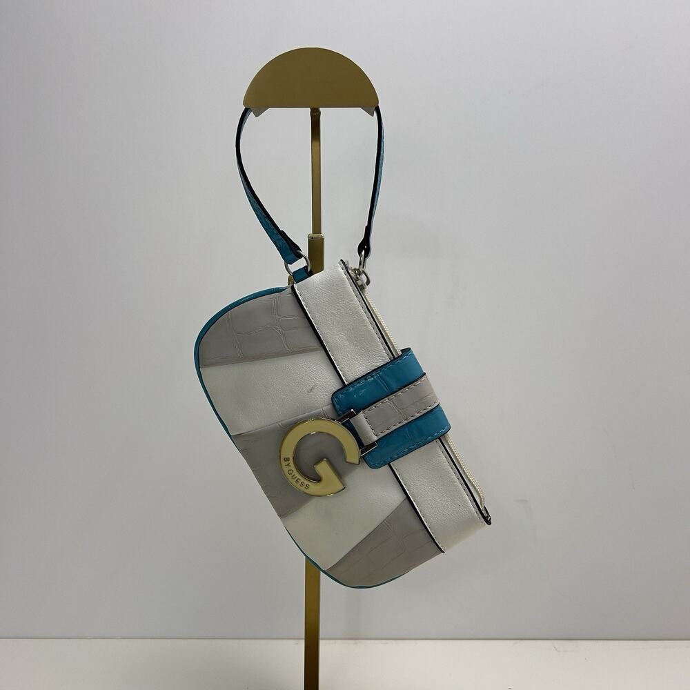 Y2K "G" by Guess Clutch Wristlet Vintage Sliver Hardware Teal White & Gray